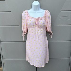 FAITHFULL THE BRAND Thea pink puff sleeves smocked milk maid Mini Dress sz 8